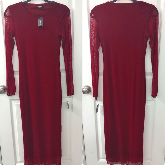 NWT Express Mesh Burgundy Crew Neck Long Sleeve Midi Dress Size S - Picture 10 of 11